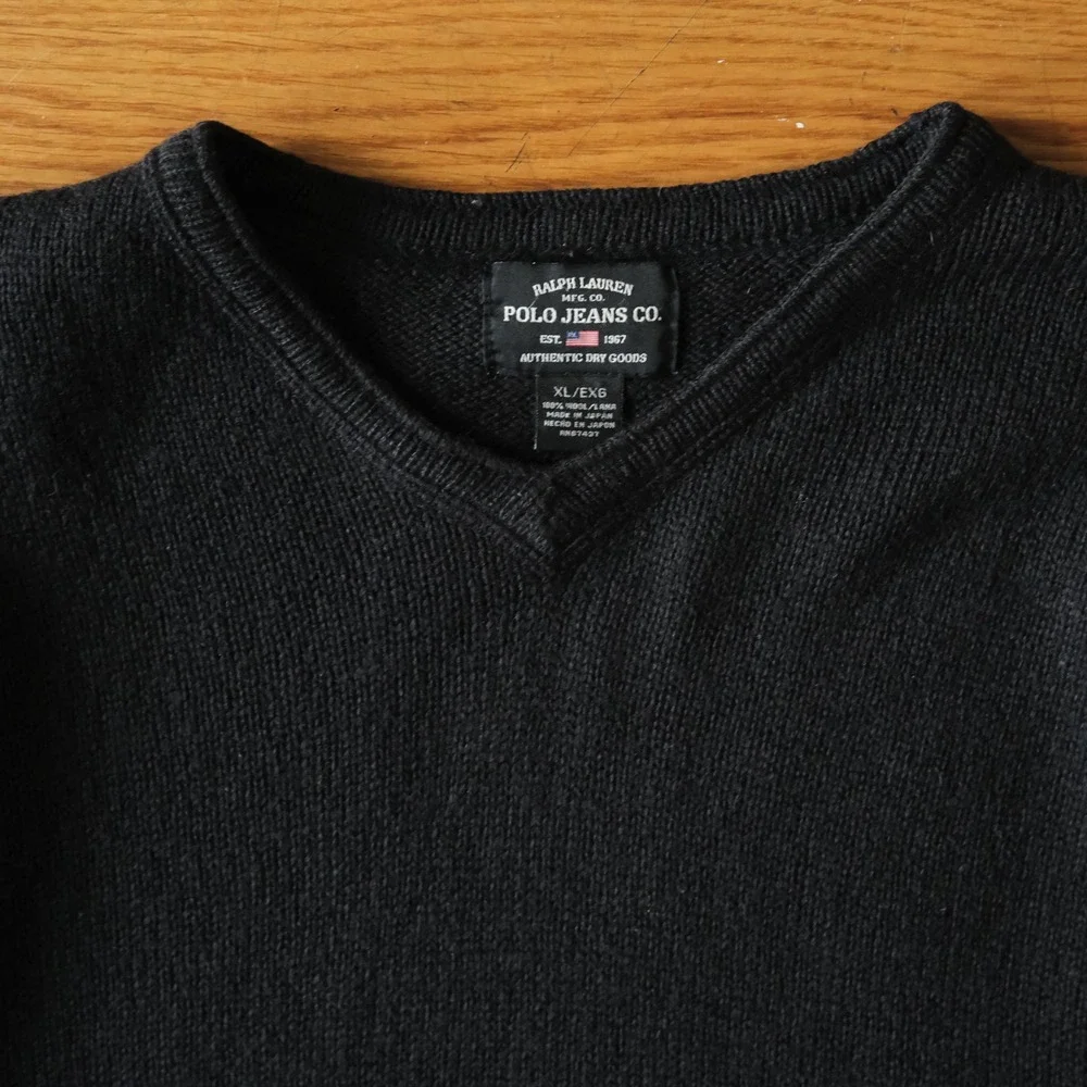 Ralph Lauren Polo Jeans Co Sweater Black V-Neck Wool Minimalist XL Pullover Knit